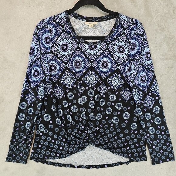 Style & Co Twist Front Top Womens Size PM Black Blue Floral Rayon Stretch Knit - Picture 1 of 7